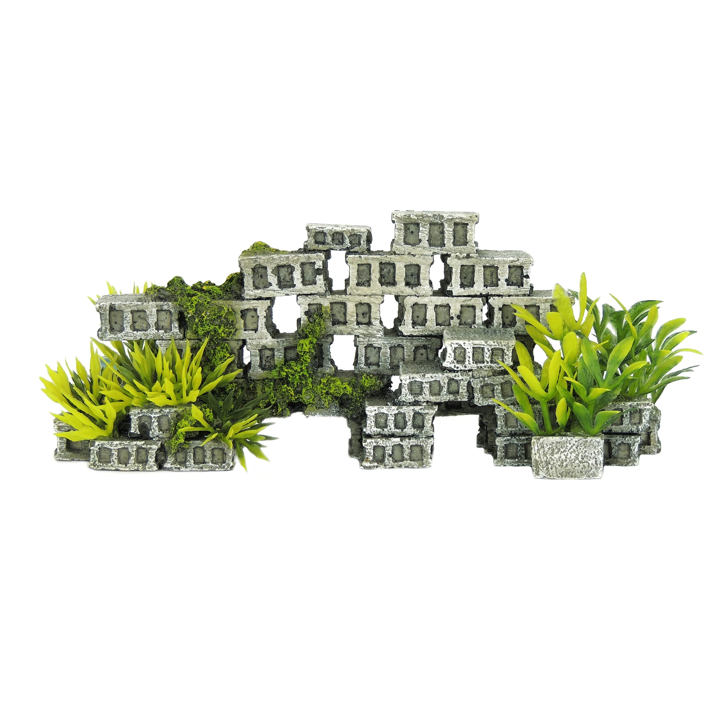 CLASSIC Hollow Blocks with Plants Aquarium Ornament 160 x 55 x 67 mm Hand-Painted Non-Toxic Resin Decoration for Freshwater Tanks