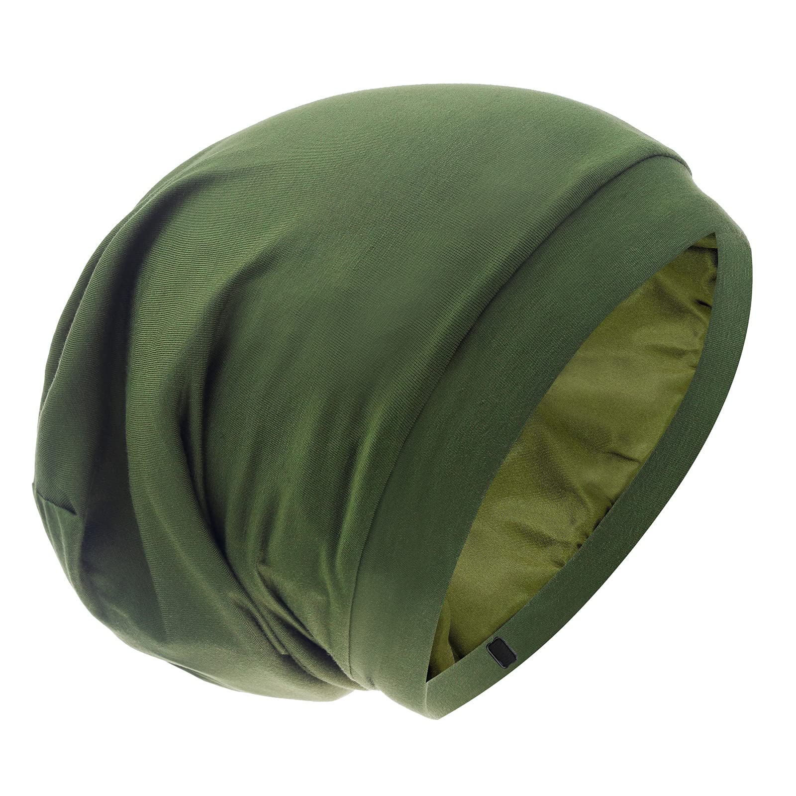 Photo 1 of Silk Satin Lined Bonnet Sleep Cap - Adjustable Stay on All Night Hair Wrap Cover Slouchy Beanie for Curly Hair Protection for Women and Men - Solid Olive Green