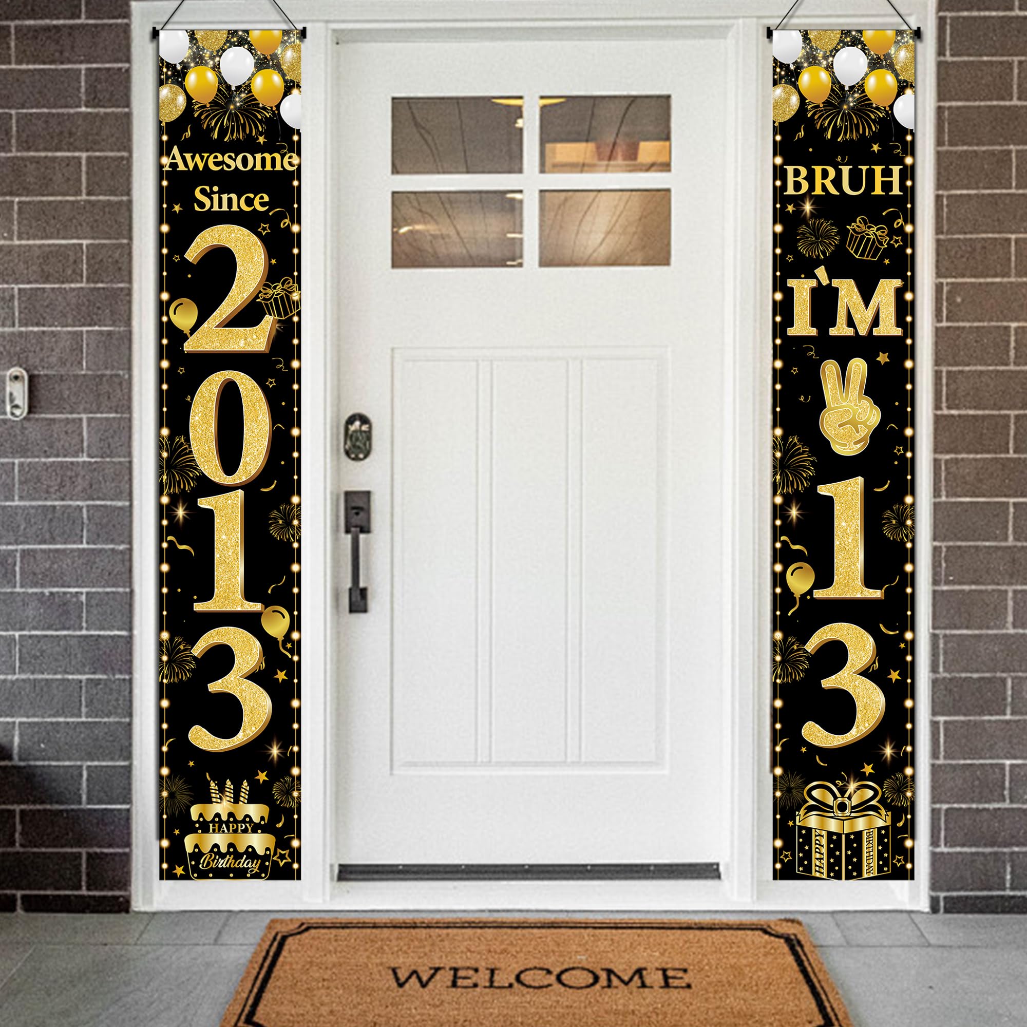 13th Birthday Decorations Boys Banner - 2 Pcs Glitter Bruh I'M 13 Door Banner Porch Wall Decor Backdrop for 13 Year Old Indoor Outdoor Party Supplies