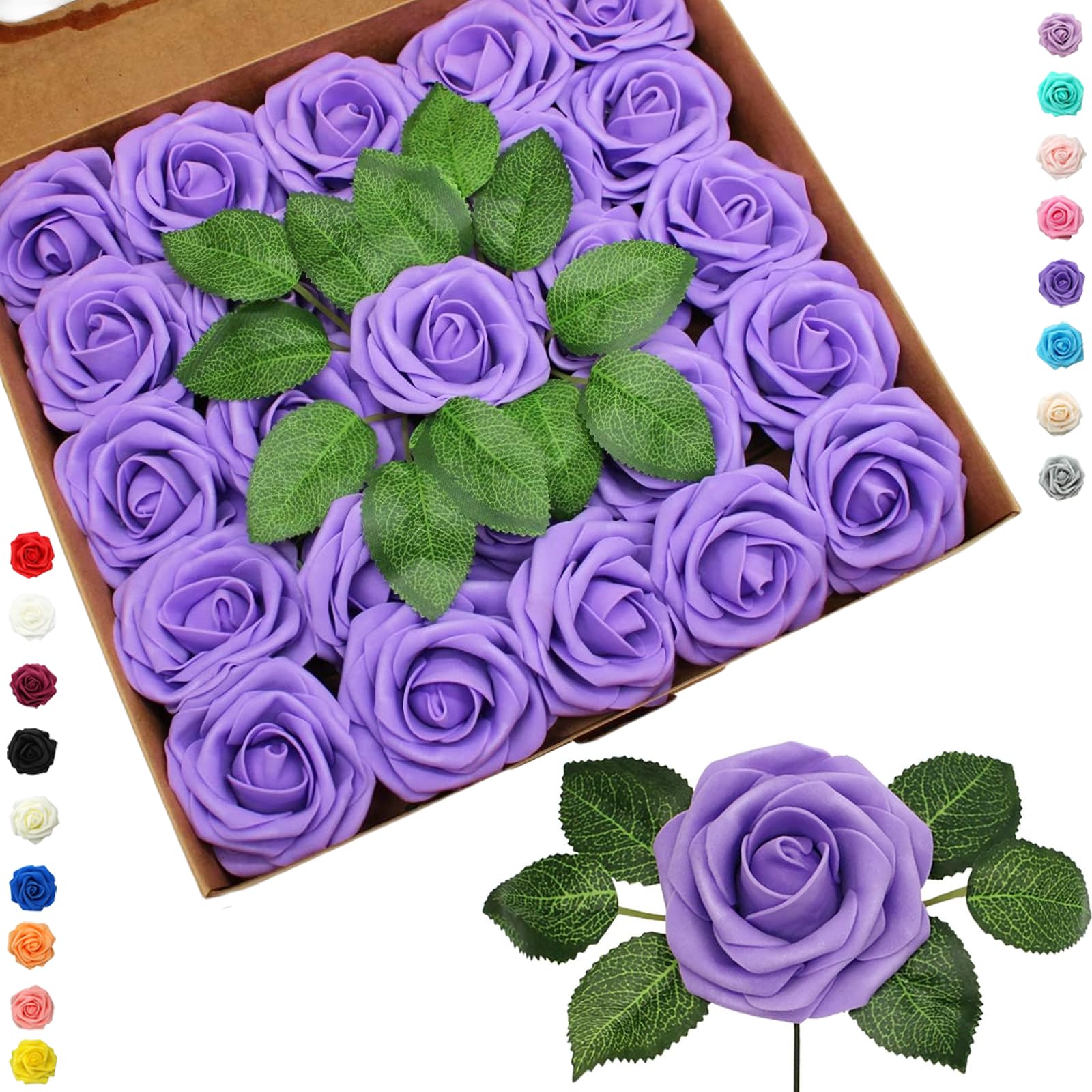 25pcs Faux Purple Roses Artificial Flowers Roses,Real Touch Foam Roses Fake Flowers Artificial Roses Bulk with Stem for Wedding Decor,Bridal Shower Crafts Home Baby Shower Valentines Day Decorations