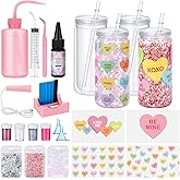 Meanplan 4 Pack Valentine's Day DIY Snow Globe Tumbler Supplies Kits, Candy Colors Love Heart UV DTF Cup Wraps 16oz Double Wall Can 7 Colors Glitter Squeeze Bottle Scraper UV Resin Flashlight Funnel