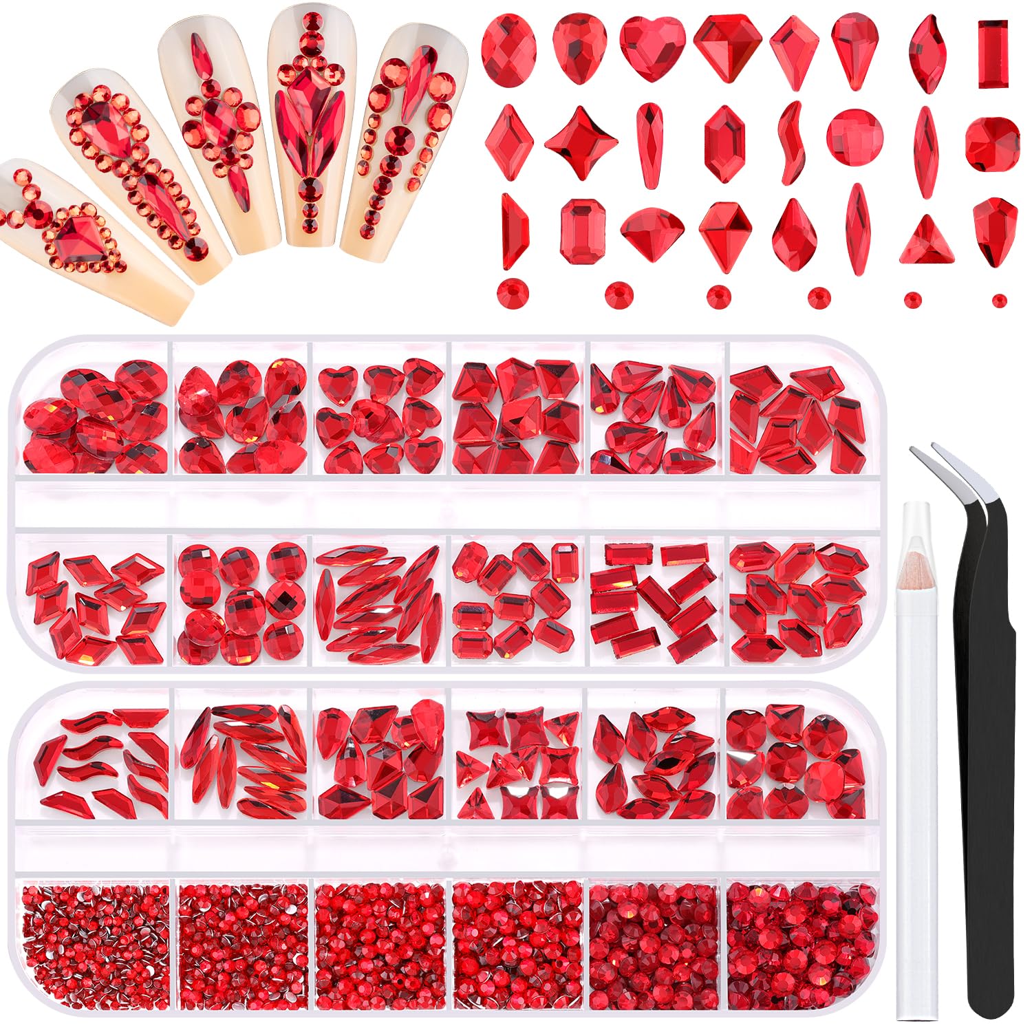 1680Pcs Red Glass Nail Rhinestones 180Pcs Multi