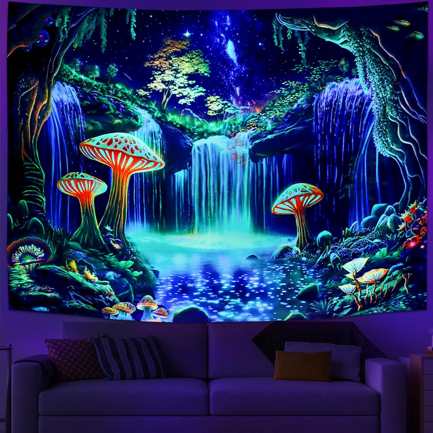 Tapestries - Ameyahud Blacklight Fantasy Forest Tapestry UV Reactive Waterfall Tapestry Mushroom Tapestry Starry Sky Tapestry Neon Nature Plant Tapestry Wall Hanging Decor for Home