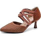 Women's Pointed Toe Kitten Heel Pumps, Elastic Cross Strap, Knit Slip On Dress Shoes