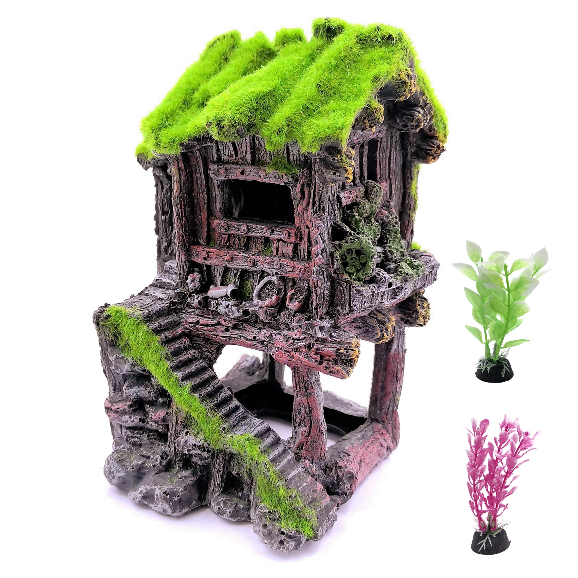 M2cbridge Aquarium Decorations Fish Hideout House Betta Cave with Green Lifelike Moss (Style 4)