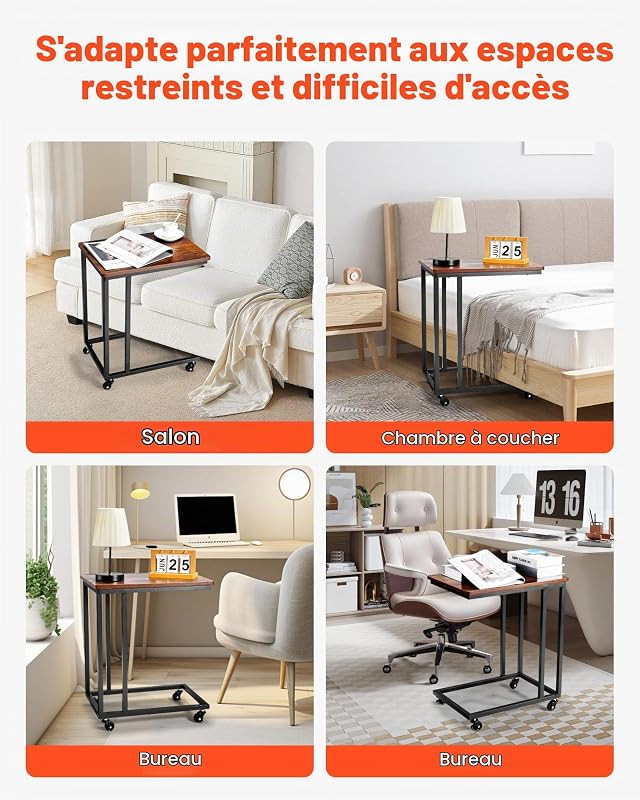 Table d'appoint mobile en forme de C, bouts de canapé avec cadre en métal et roulettes, support d'extrémité portable 500 x 350 x 605 mm, table basse pour salon, chambre à coucher, bureau, marron