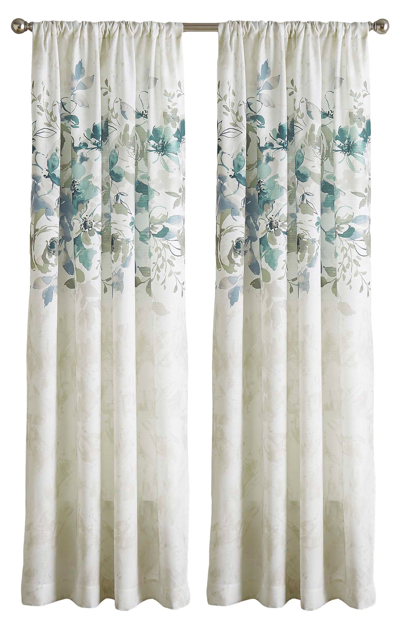 CHF Watercolor Floral Curtain Panel, 84", Aqua