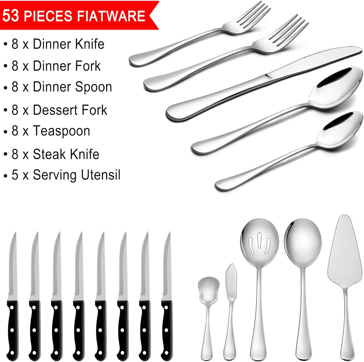 LIANYU 53-Piece Silverware Set with Steak Knives and Serving Utensils, Stainless Steel Flatware Cutlery Set Service for 8, Eating Utensil Set for Home Party Wedding, Dishwasher Safe, Mirror Finished: Kitchen & Dining