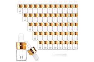 Comrzor 50 Pack 2ml Clear Glass Dropper Bottles with 2 Pcs Plastic Droppers, Mini Sample Dropper Bottles for Essential Oils Perfume Cosmetic Liquid, Empty Travel Sample Vials with Gold Cap