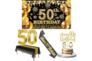 50th Birthday Decorations Men Women with 50th Birthday Banner, Black and Gold Table Cloth, Number Balloons, Black Glitter Sas