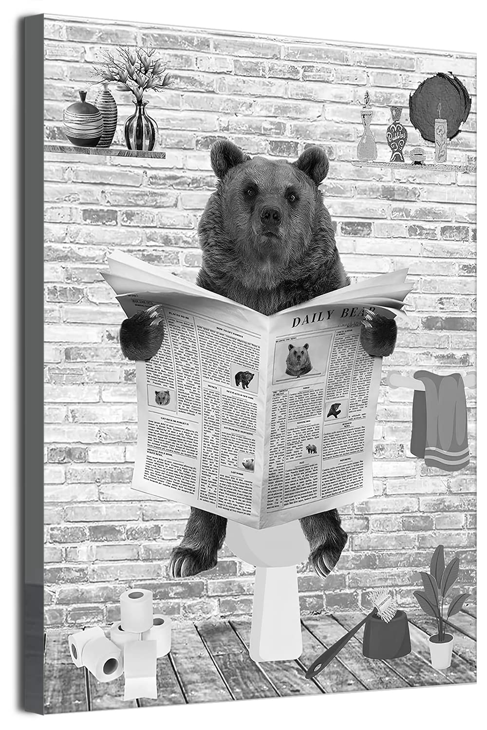 MKHFUW Newspaper Animal Toilet Animal Canvas Poster Art Print, Funny Bathroom Black and White Wall Art, Frameless (Bar-2, 50 x 70 cm)