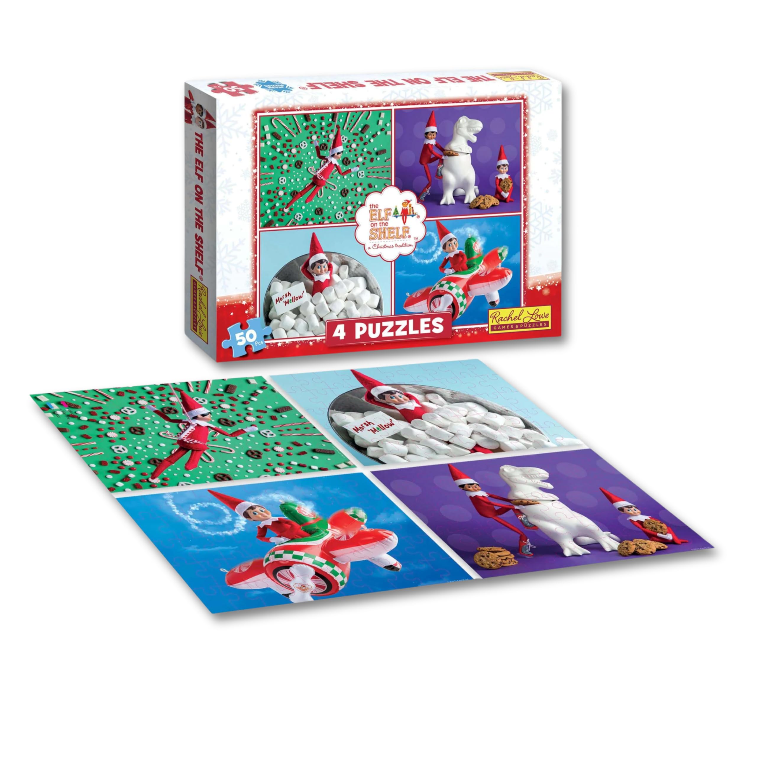 The Elf on the Shelf 4 Puzzles | Elf Puzzles | 50 pc per Puzzle | Family Board Game for ages 5+ | 2-4 Players | Elf Christmas Game |