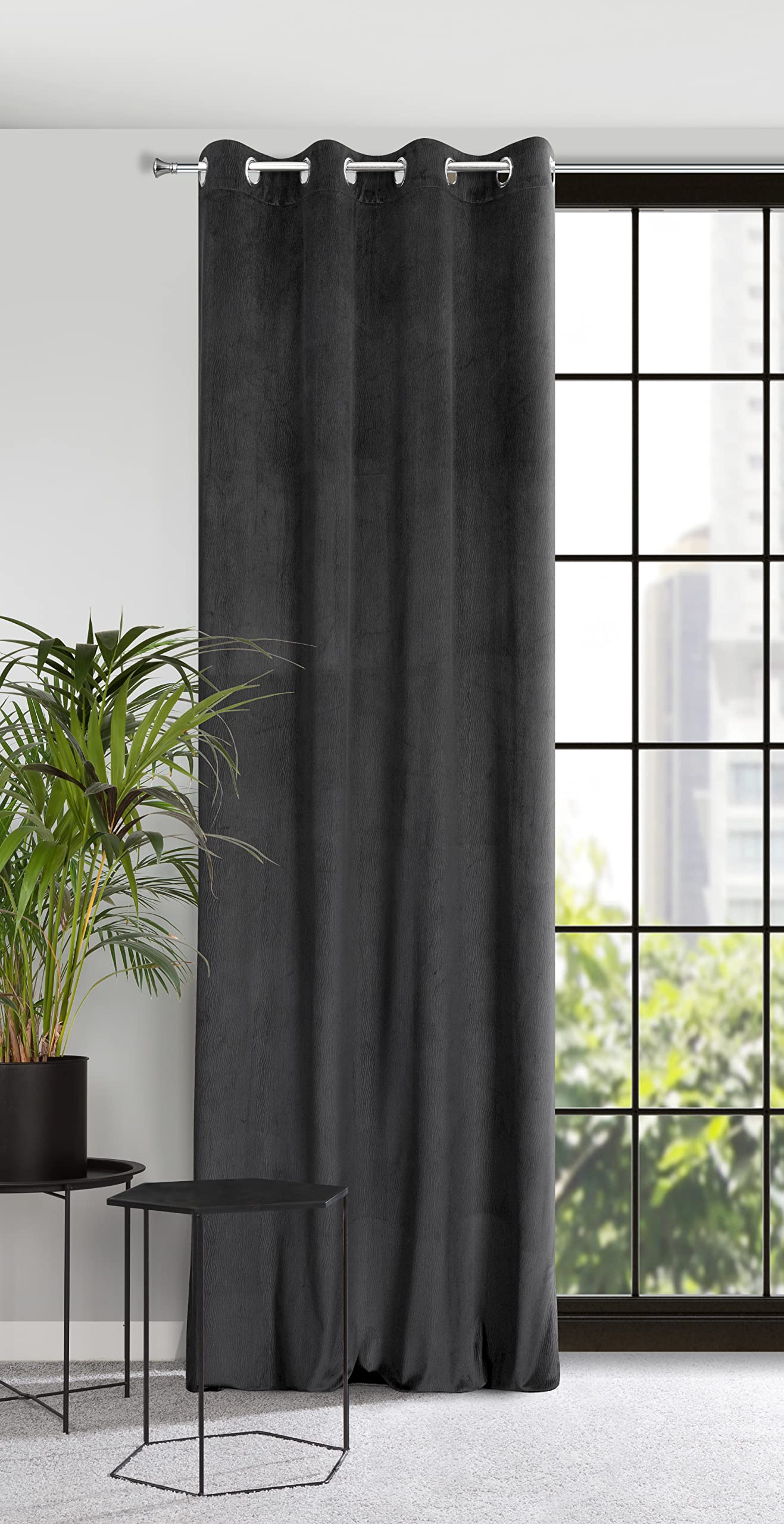 Eurofirany Velvet Curtain with Eyelets Balcony Door Patterned Velvet Look 1 Piece Wavy Pattern Plain Fluffy Living Room Bedroom Lounge 140 x 250 cm 3D Texture Black 384149 140 x 250 cm