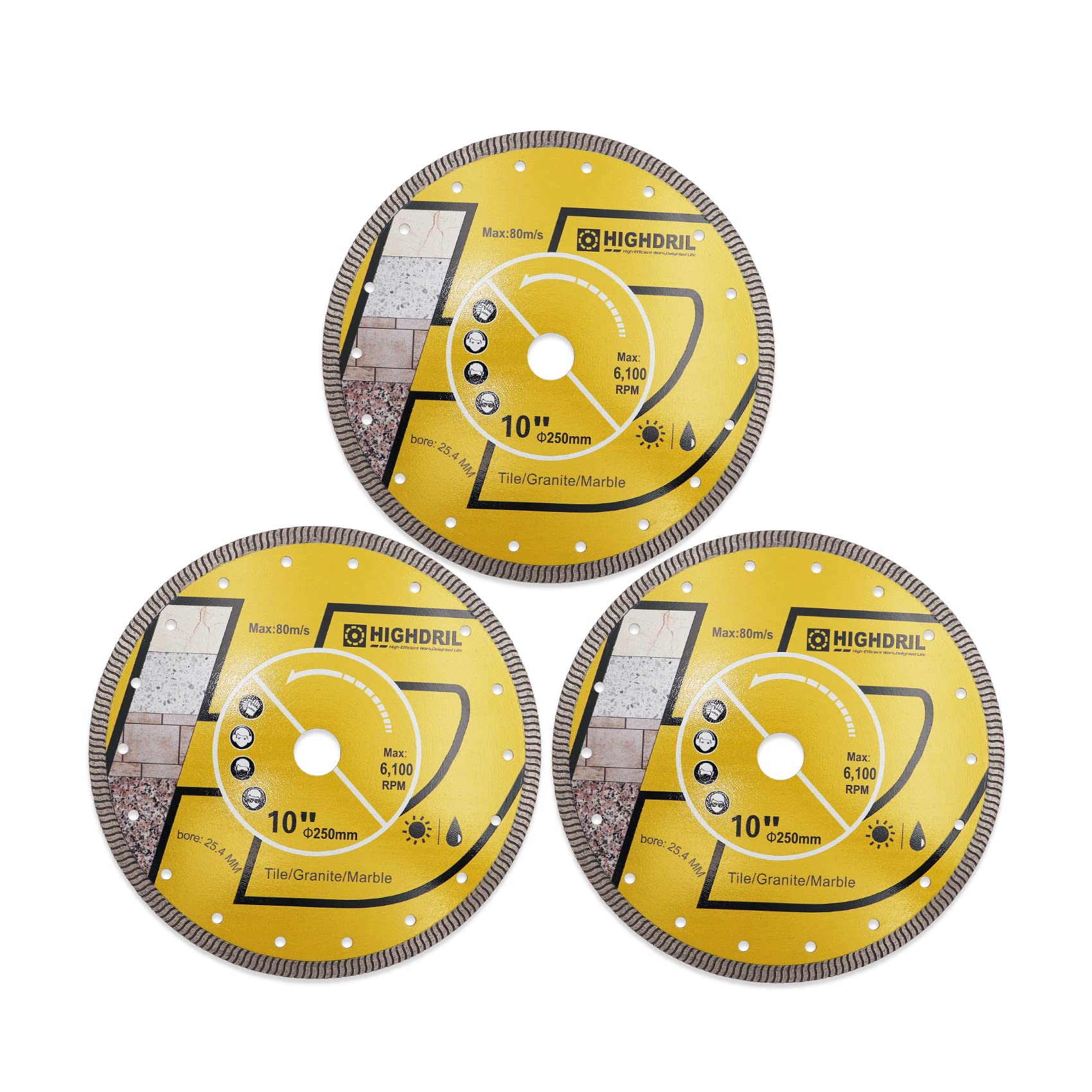 HIGHDRIL Diamond Saw Blade - 3Pcs 250MM Diamond Tile Blade with 25.4MM Arbor, Dry or Wet Cutting Disc for Porcelain Tile Ceramic Granite Marble Hard Material Masonry