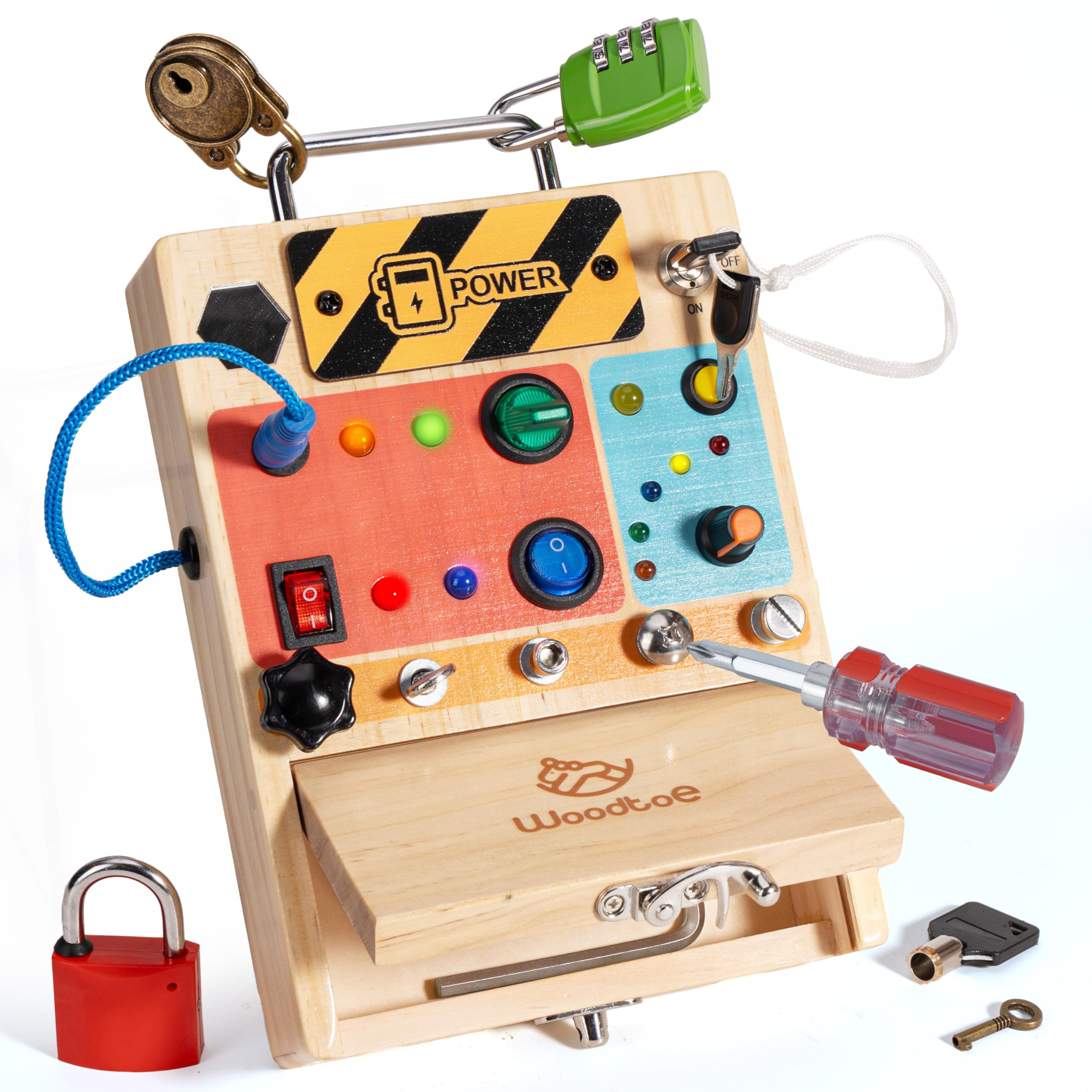 Woodtoe Montessori Toys for Toddler 3 4 5 Year Old, 3-in-1 Busy Board with LED Light Switch, Screwdriver Board Set, Lock and Key Toy, Educational Sensory Toys, Fine Motor Skill Christmas Toys for Kids