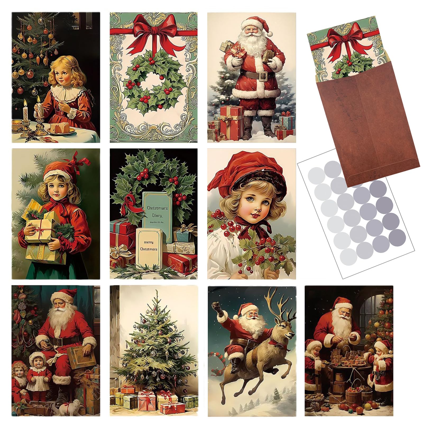 10pcs Xmas Vintage Postcards + 10 Envelopes Christmas Postcards Christmas Greeting Cards Room Decoration Atmosphere Decoration Cards Bedroom Mini-Poster