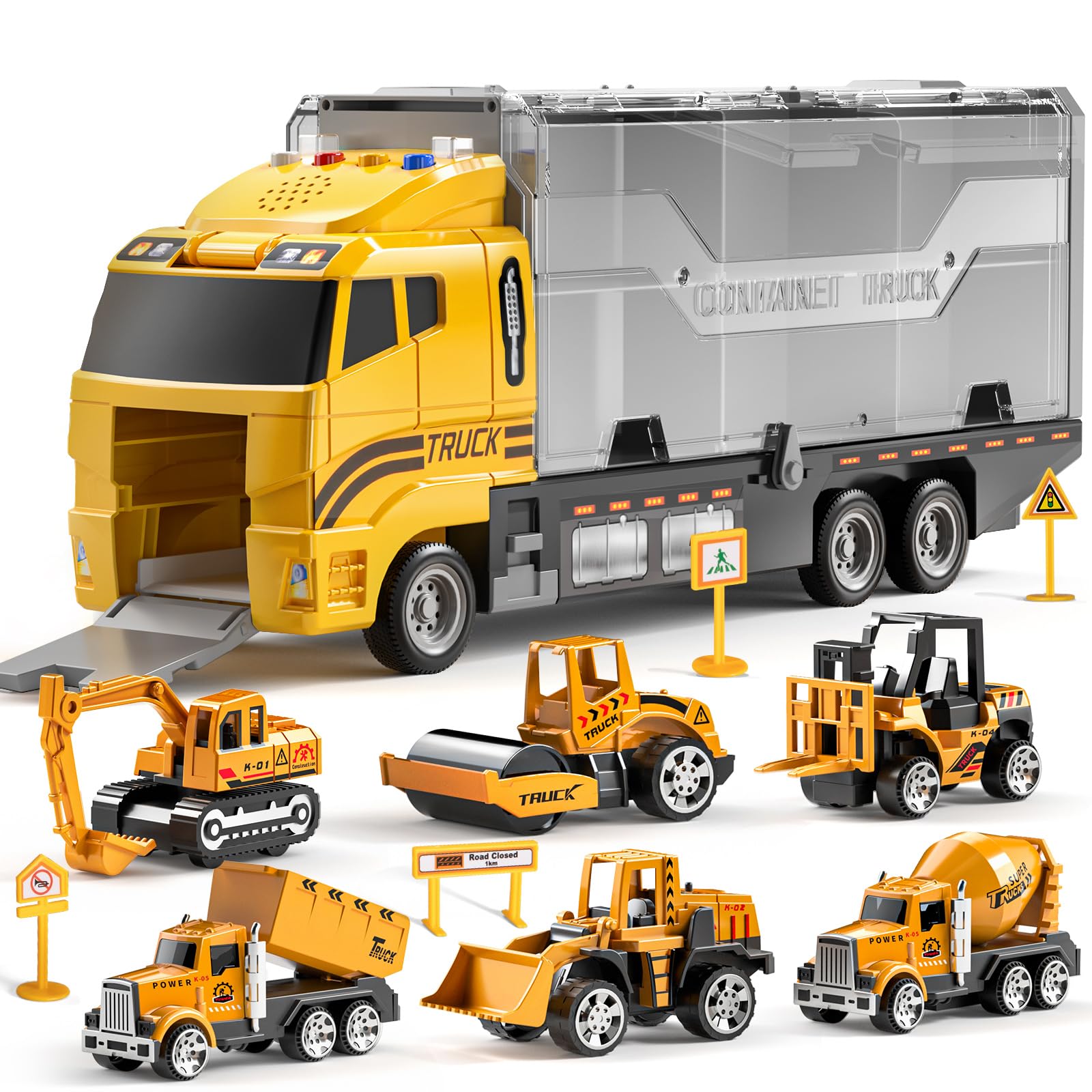 Photo 1 of TEMI Construction Truck Set with Play Mat, Carrier Truck Toys for Kids Toddlers, Die-Cast Metal Toy Car Set, Christmas Birthday Gift for Age 3 4 5 6 + Years Old Boys Girls