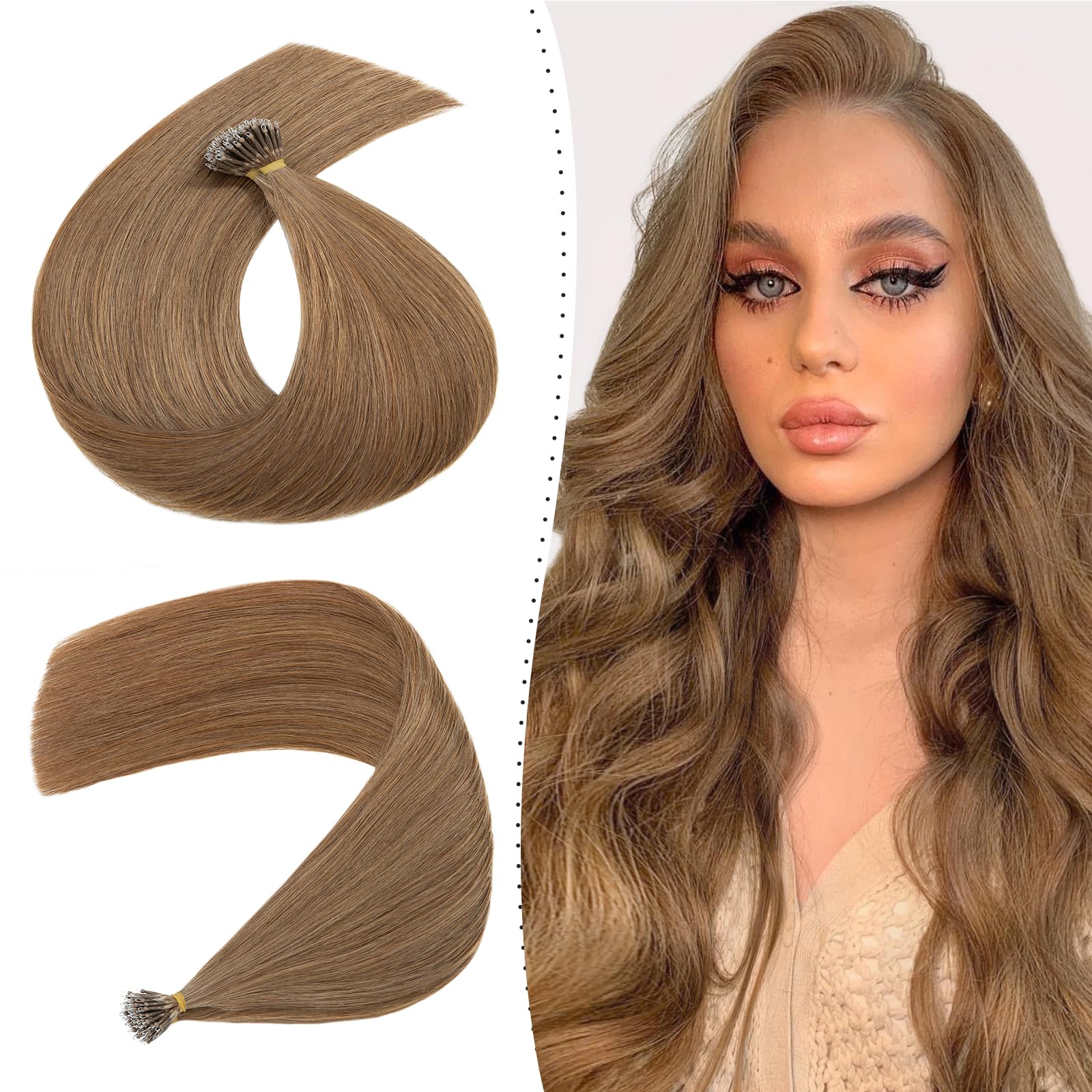 Nano Hair Extensions 18inch Nano Ring Hair 1g/s Pre Bonded 50g Nano Tip Bondings with Beads 100% Real Remy Human Hair #06 Light Brown With Nano Beads Cold Fusion 50 Strands