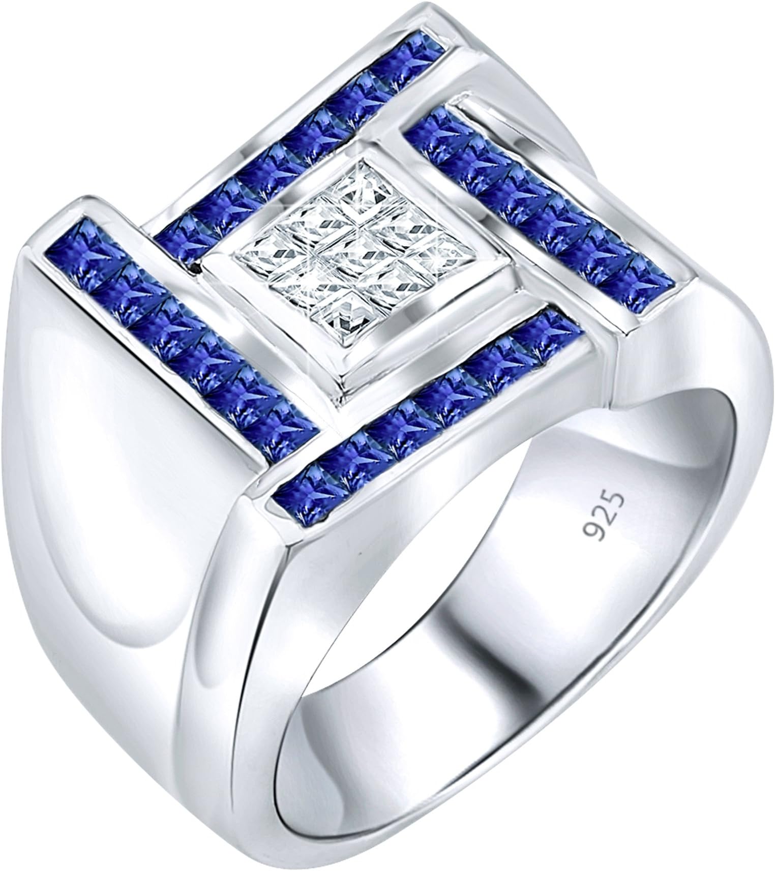 Men's Sterling Silver .925 Designer Ring Featuring Princess Cut Invisible and Channel Set Clear and Blue Cubic Zirconia (CZ) Stones