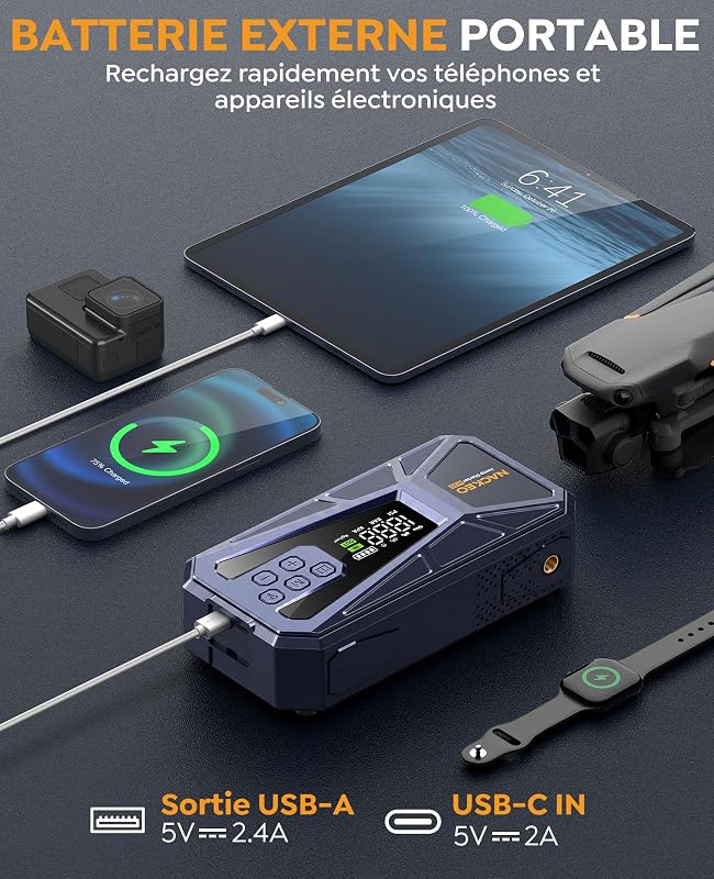 Booster Batterie Voiture 8000A avec Compresseur 160PSI, 12V Booster Voiture Portable (Essence & Diesel 12L), Démarreur Batterie Voiture avec Écran LCD,Eclairage de Secours,Banque d'alimentation