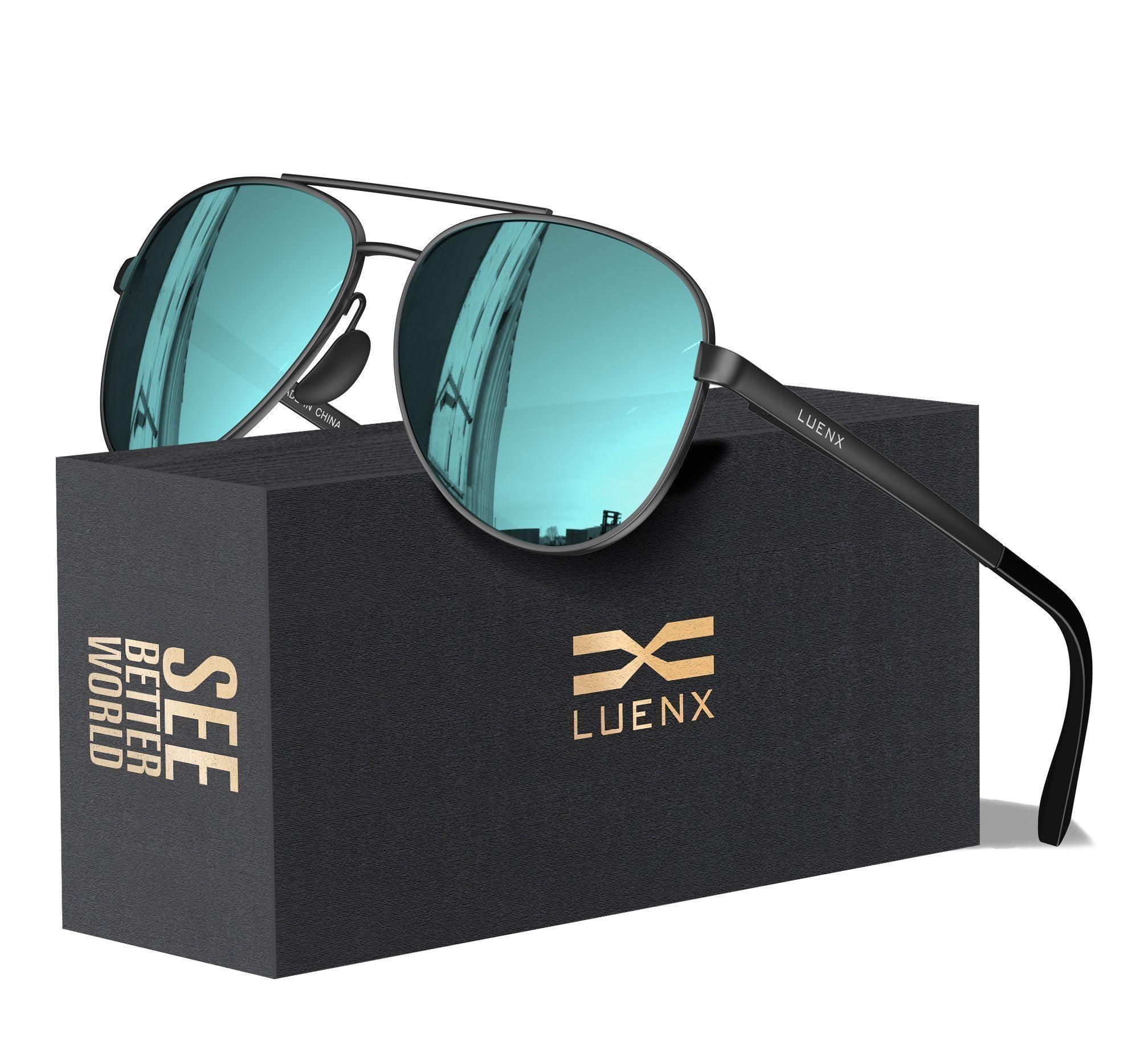 Photo 1 of LUENX Aviator Sunglasses for Men Women Polarized - UV400 Protection, Classic Metal Frame, Anti-Glare Light Blue Mirrored Lens, Lightweight Stylish Eyewear for Driving & Outdoor Activities 59mm