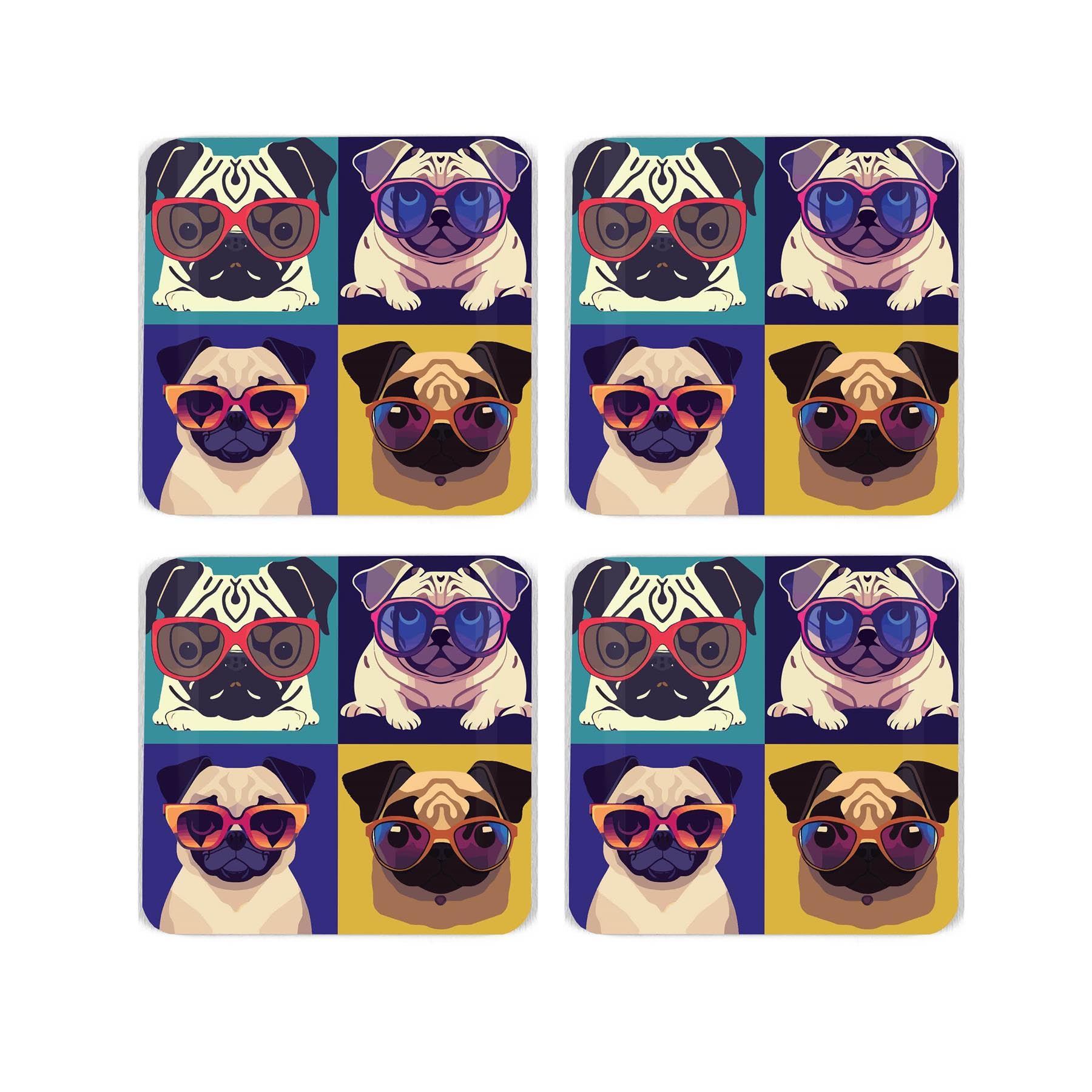 Pug Cork Coaster Set - Cool Pets Dog Gift - Set of Four (4) Square Drinks Coasters