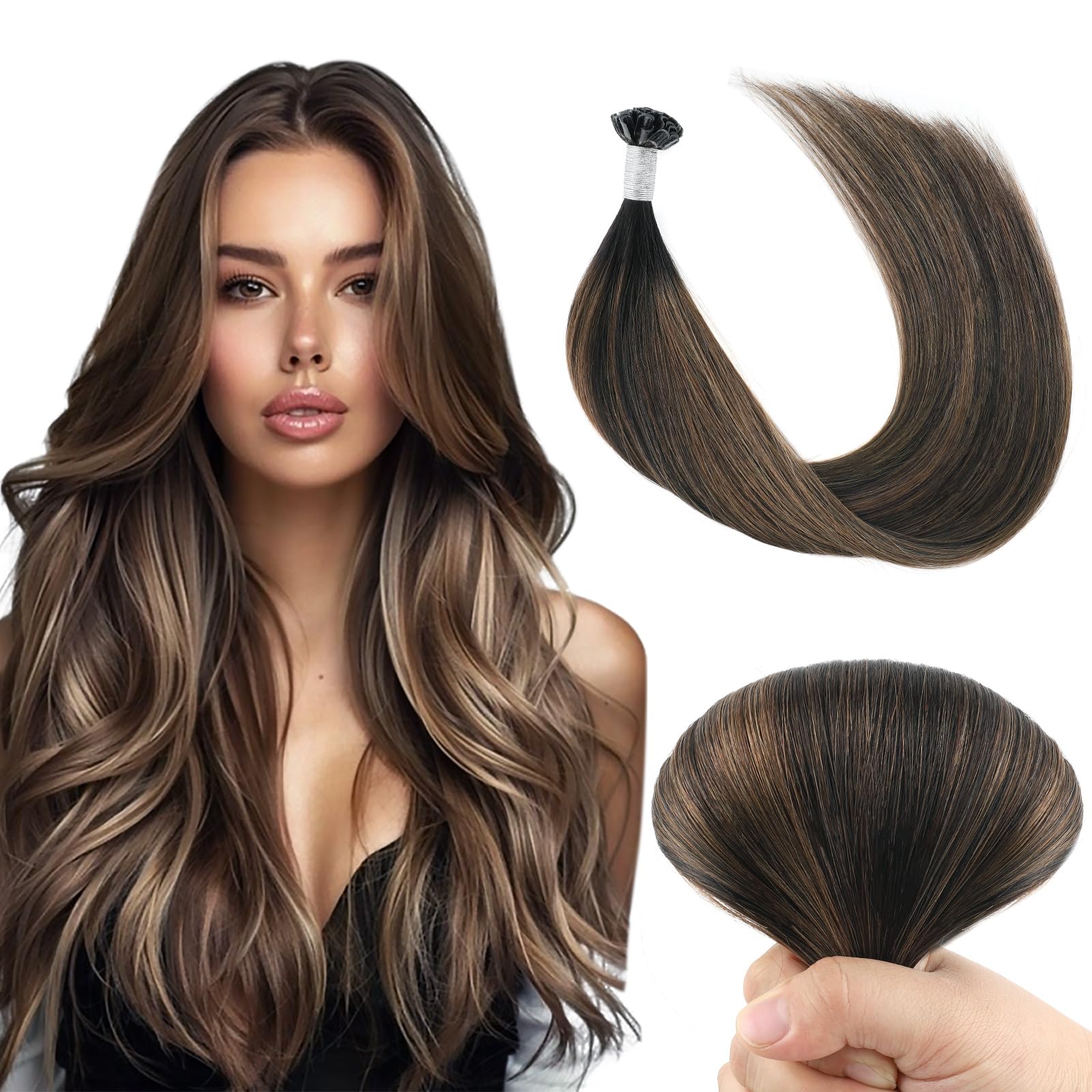 Yuniffe U Tip Real Human Hair Extensions - Hot Fusion Remy Straight Nail Tip Keratin Hair - Chocolate Brown Hightlighted Caramel Blonde - 24 inch 50g/50s