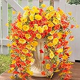 Artificial Flowers for Outdoors Fall Hanging, 4-pack Artificial Morning Glory includes 180 Flowers, Uv-Resistant Faux Silk Fake Realistic Plants for Home Garden Porch Patio Balcony Planter Yard