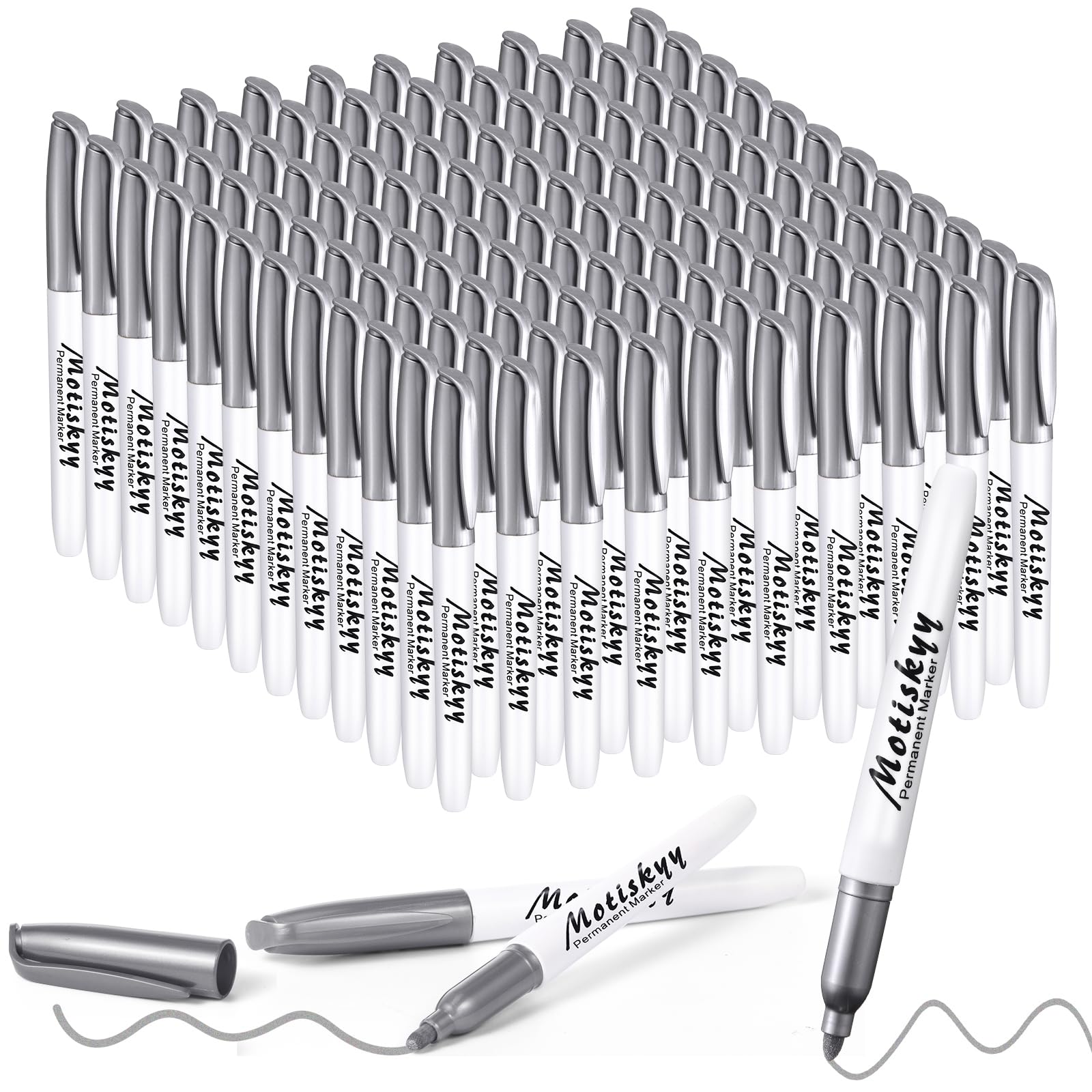Photo 1 of Motiskyy 120 Pcs Metallic Permanent Markers Bulk: Silver Metallic Marker Pens Set with Fine Point Tips for Gift Card Making, Artist Illustration, Industrial Marking