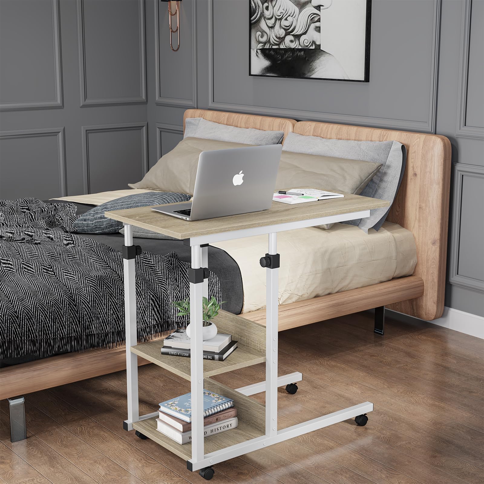 Dripex Beistelltisch mit Rollen Pflegetisch Höhenverstellbar, Schreibtisch aus Holz, Sofatisch Nachttisch Kaffeetisch Schlafzimmer, Laptoptisch Wohnzimmer, Beige 2