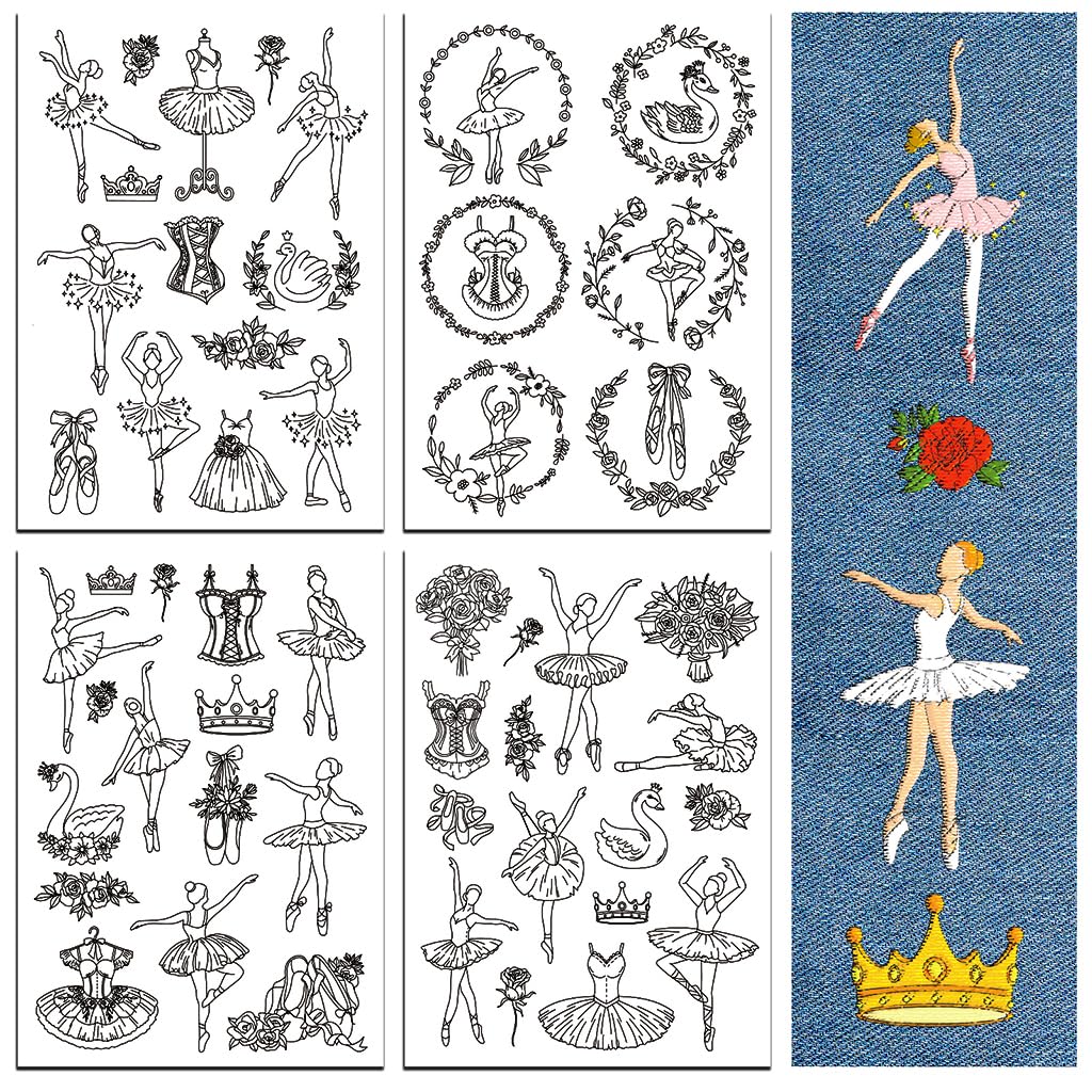 peacoblue Water Soluble Embroidery Patterns for Beginners 4 Sheets Ballet with 51pcs Patterns, Wash Away Stick and Stitch Dissolvable Embroidery Paper for Hand Sewing Lovers Women Adult