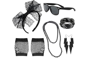 JIEYUMAO 80s Costume Accessories with Lace Headband Earrings Fishnet Gloves Necklace Bracelet Black Glasses for Theme Party