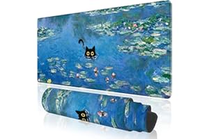 TOXXU Water Lilies Cat Desk Mat, XXL Extended Large Monet Mouse Pad for Computer Desktop, Big Gaming Mousepad with Anti-Slip 