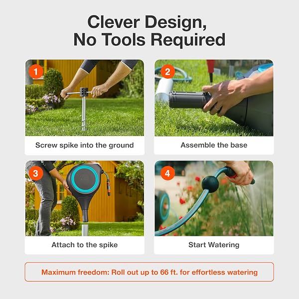 GARDENA AUTOMATIC RETRACTABLE GARDEN HOSE REEL – 66 FEET – 360 DEGREE SWIVEL OUTDOOR HOSE REEL WITH METAL SPIKE BASE – AUTO RETRACT – UV RESISTANT HOUSING – EASY INSTALL NO TOOLS REQUIRED – 18614