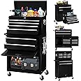 INTERGREAT 8-Drawers Tool Chest, Assembled Rolling Tool Chest with Wheels, Detachable Top Tool Box, Tool Cabinet for Repair Room,Warehouse, Rolling Tool Box with Hooks,Tray Divider,Liners(Black)