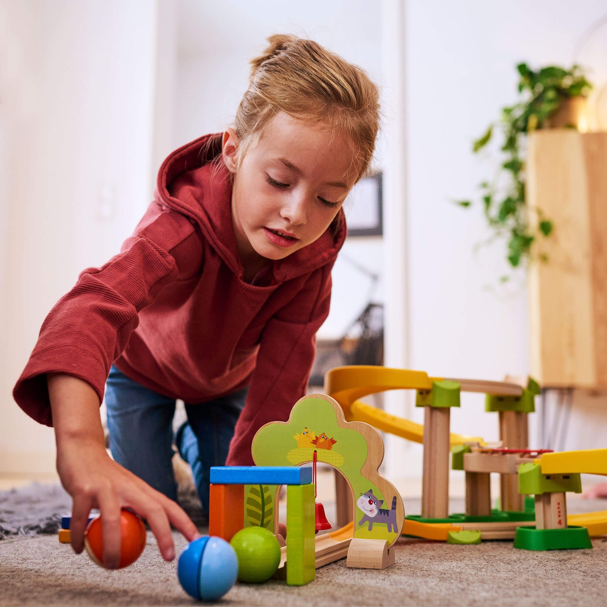 HABA Kullerbu Sim-Sala-Kling - 38 Piece Wooden & Plastic Train Track Set for Balls with Musical Effects and Domino Blocks