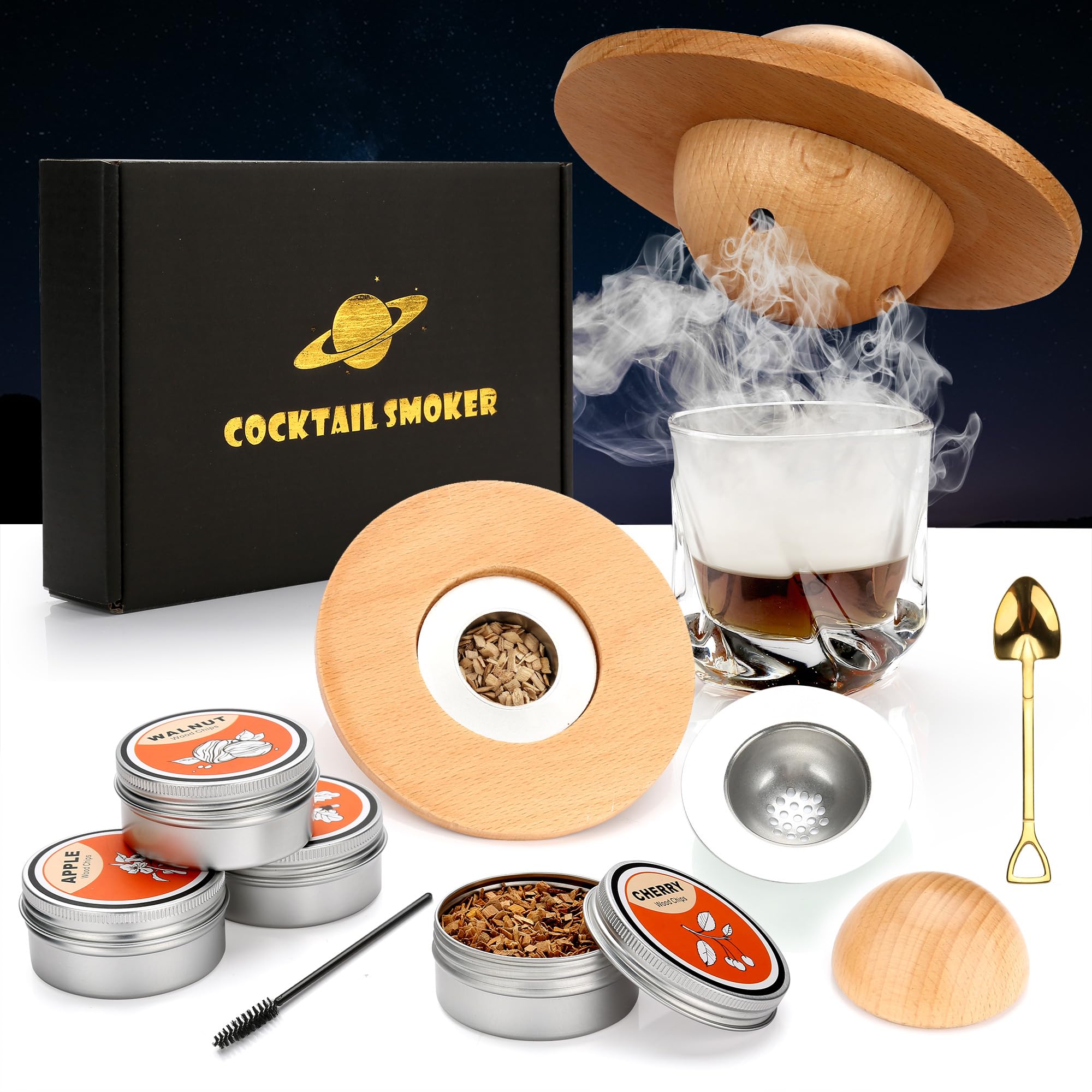 Cocktail Smoker Kit, 4 Flavors Wood Chips, Bourbon Smoker Kit, Old Fashioned Drink Whiskey Smoker Kit Set, Birthday Whiskey Gifts for Men, Dad, Husband (Saturn)