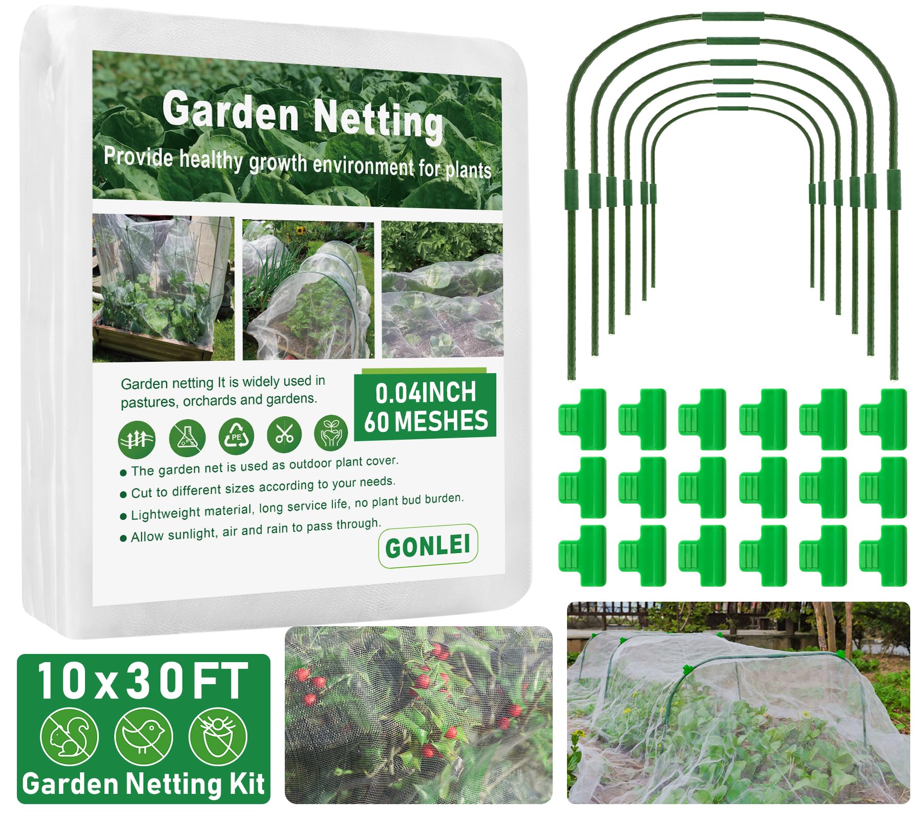 Photo 1 of GonLei 10x30FT Garden Mesh Netting Kit Raised Beds (6 Pcs Garden Hoops & 18 Clips) Garden Hoops Plant Row Covers Netting Protection Berry Bush Trees Grass Seed Barrier Net