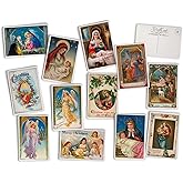 Hill Valley Greetings Jesus & Angels Antique Christmas Post Cards on Luxury Antique Textured Cardstock - 24 Vintage Christmas Postcards - 12 Assorted Retro Religious Illustration Cards