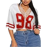 SOLY HUX Women's Number Graphic Tees Lace V Neck Half Sleeve Crop Tops Jersey Shirt Y2k Streetwear