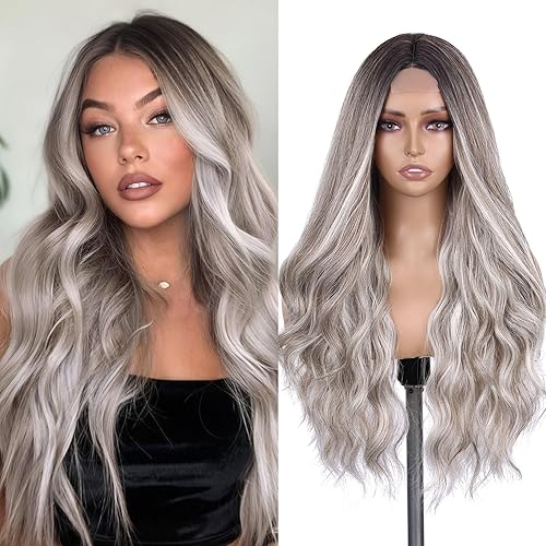 WIGNEE Long Grey Wavy Wig 26 Inches Middle Part Grey Wigs For White Women Natural Looking Wig Long Wigs For Women Daily Party Use