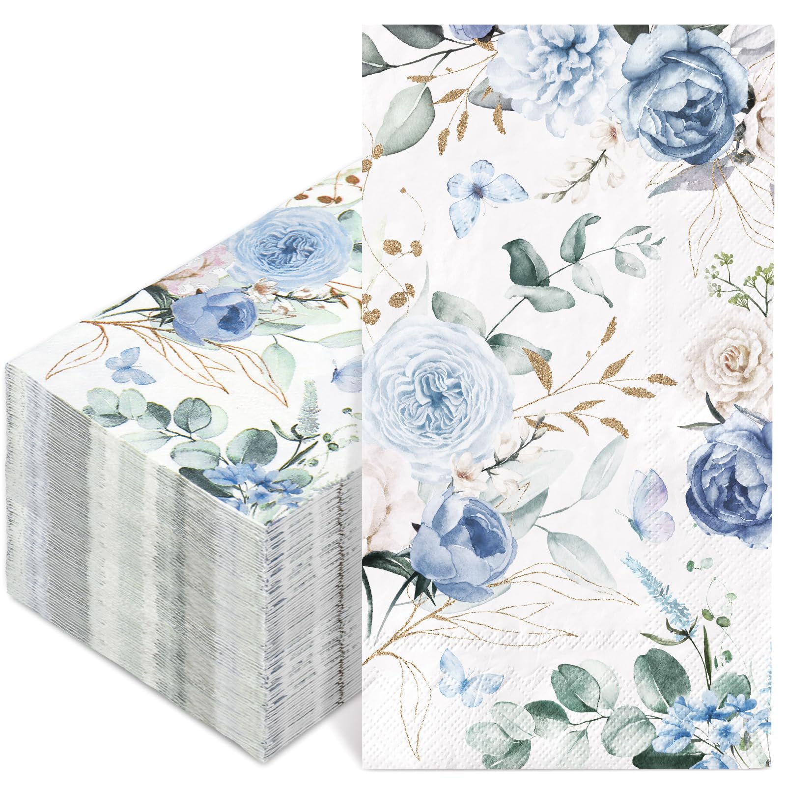 Photo 1 of 100Pcs Floral Guest Napkin Watercolor Blue Flower Butterfly Disposable Napkin Hand Towel Paper Napkins for Bathroom Spring Wedding Birthday Party Supplies Table Decor
