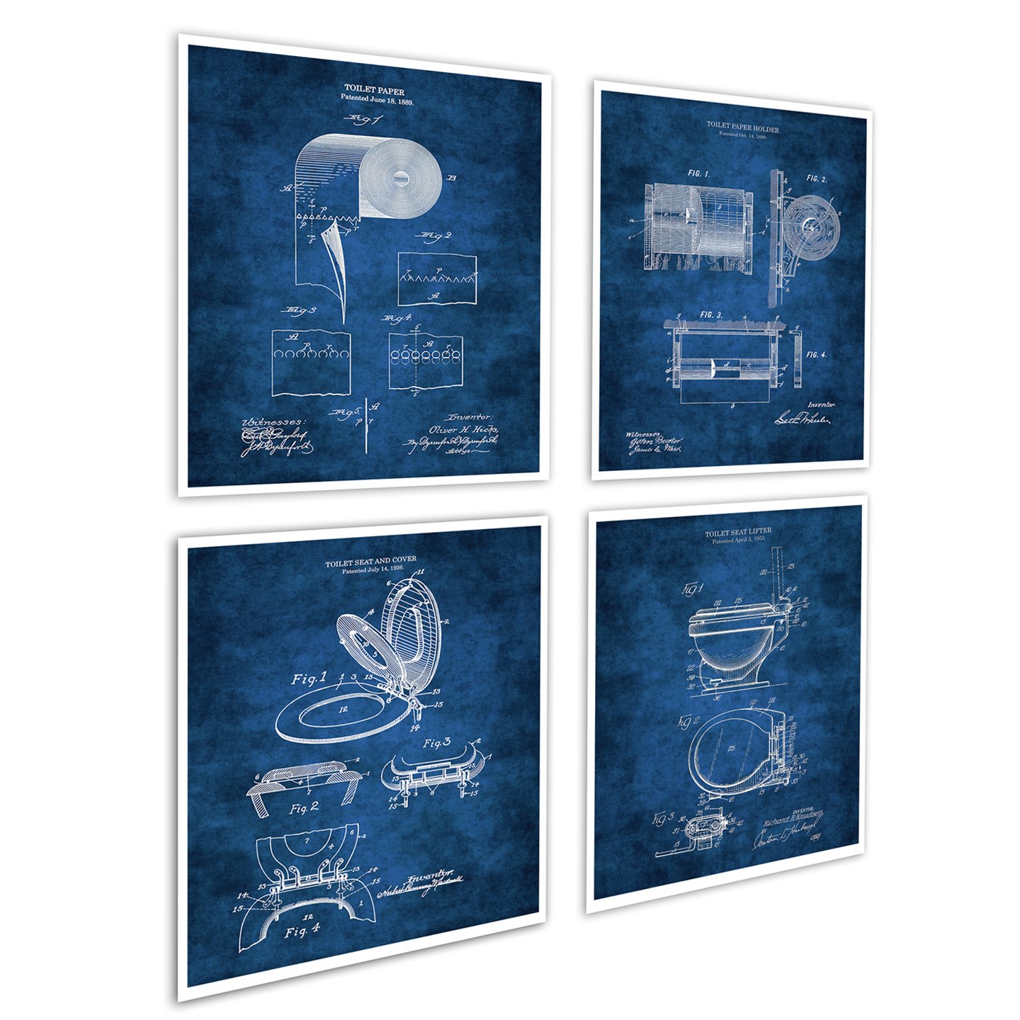Gnosis Picture Archive Bathroom Posters Set of 4 Art Prints Unframed Toilet Paper Roll Toilet Seat Blueprint