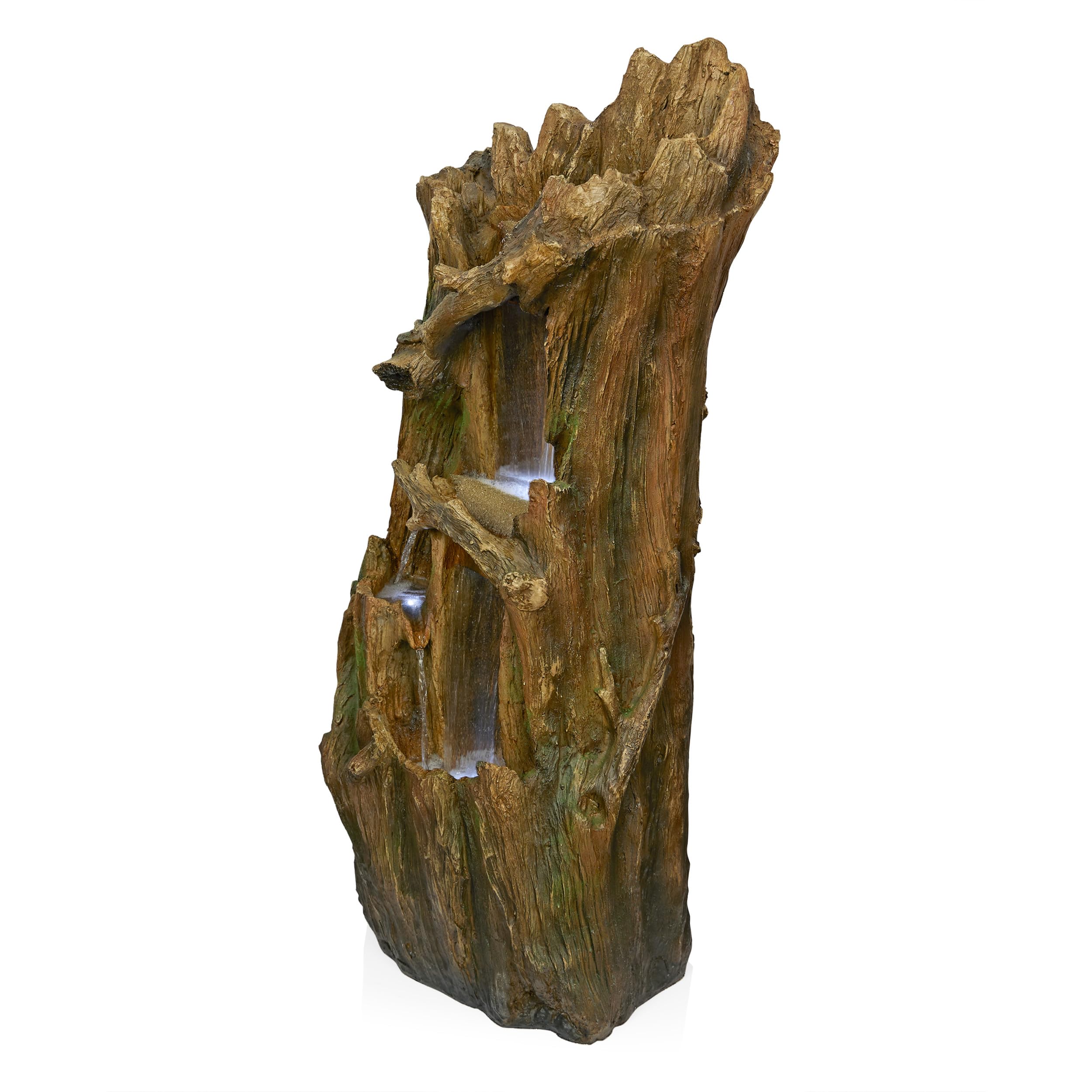 Alpine Corporation TZL346 40" Three-Tier Tree Trunk Waterfall Fountain with LED Lights, Outdoor Garden Water Feature, Cascading Waterfall for Backyard and Patio, Brown Image