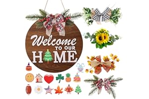 HOMCDALY Interchangeable Welcome Sign for Front Door with 4 Seasonal Wreaths and 14 Changeable Icons, Farmhouse Front Door Signs, Door Decoration Porch Decor, Seasonal Wooden Home Sign home décor (6wood)