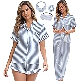 MEEYI Silk Satin Pajama Set for Women 3-piece Short Sleeve Pajama with Pants Ruffle Shorts Cute Pj Set Button Down Sleepwear