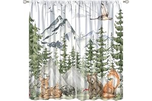 SYZWWSYX Forest Animal Curtains, Watercolor Woodland Safari Deer Bear Fox Jungle Theme Kids Drapes for Bedroom Nursery Living Room Kitchen Window Treatments, 42x45 Inch