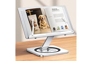 RIWUCT Book Stand for Reading, Book Holder with 360° Swivel Base & Elastic Page Clips, Adjustable Cookbook Stand for Kitchen Counter, Recipe/Textbook/Music Scores Stand for Desk