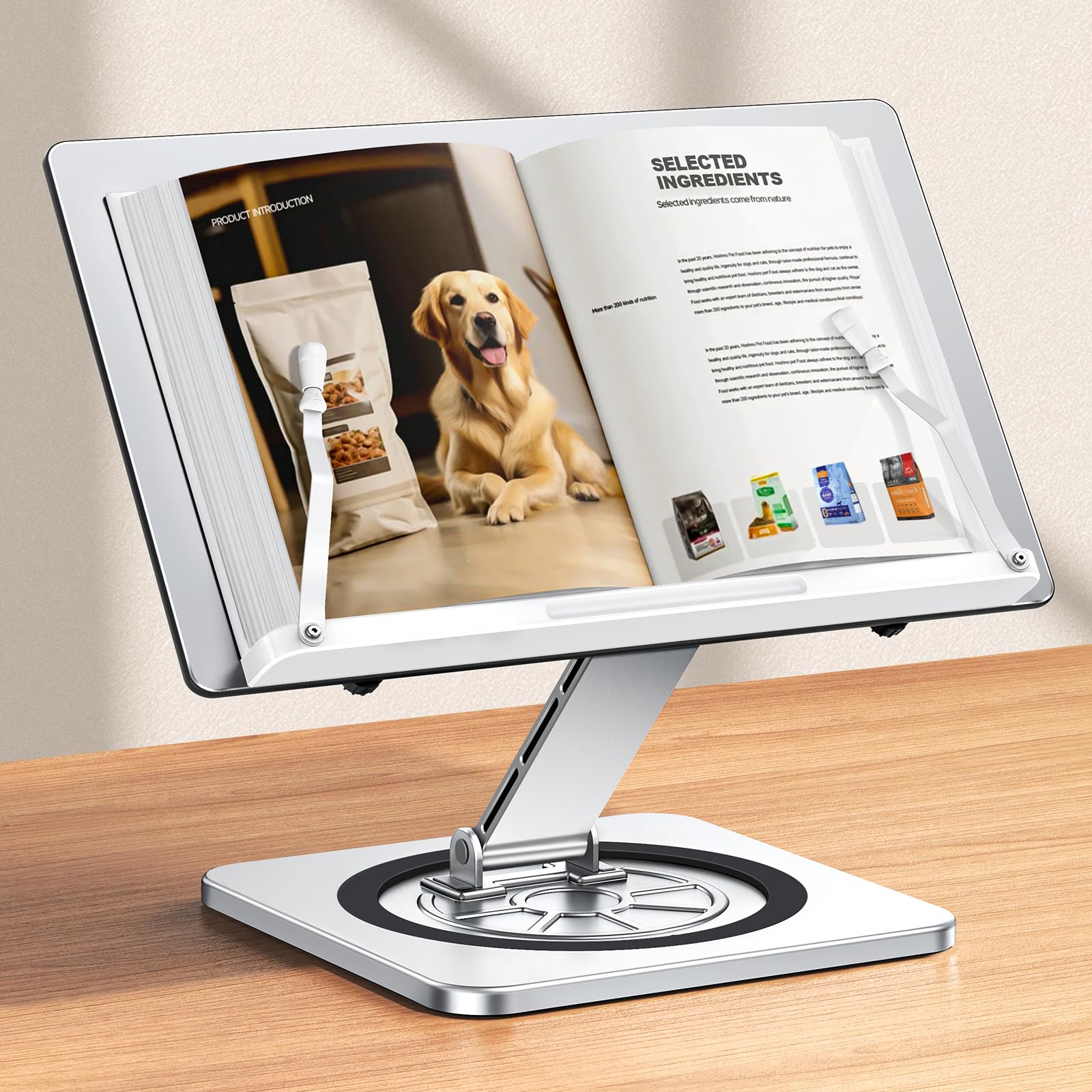 Photo 1 of RIWUCT Book Stand for Reading, Book Holder with 360° Swivel Base & Elastic Page Clips, Adjustable Cookbook Stand for Kitchen Counter, Recipe/Textbook/Music Scores Stand for Desk