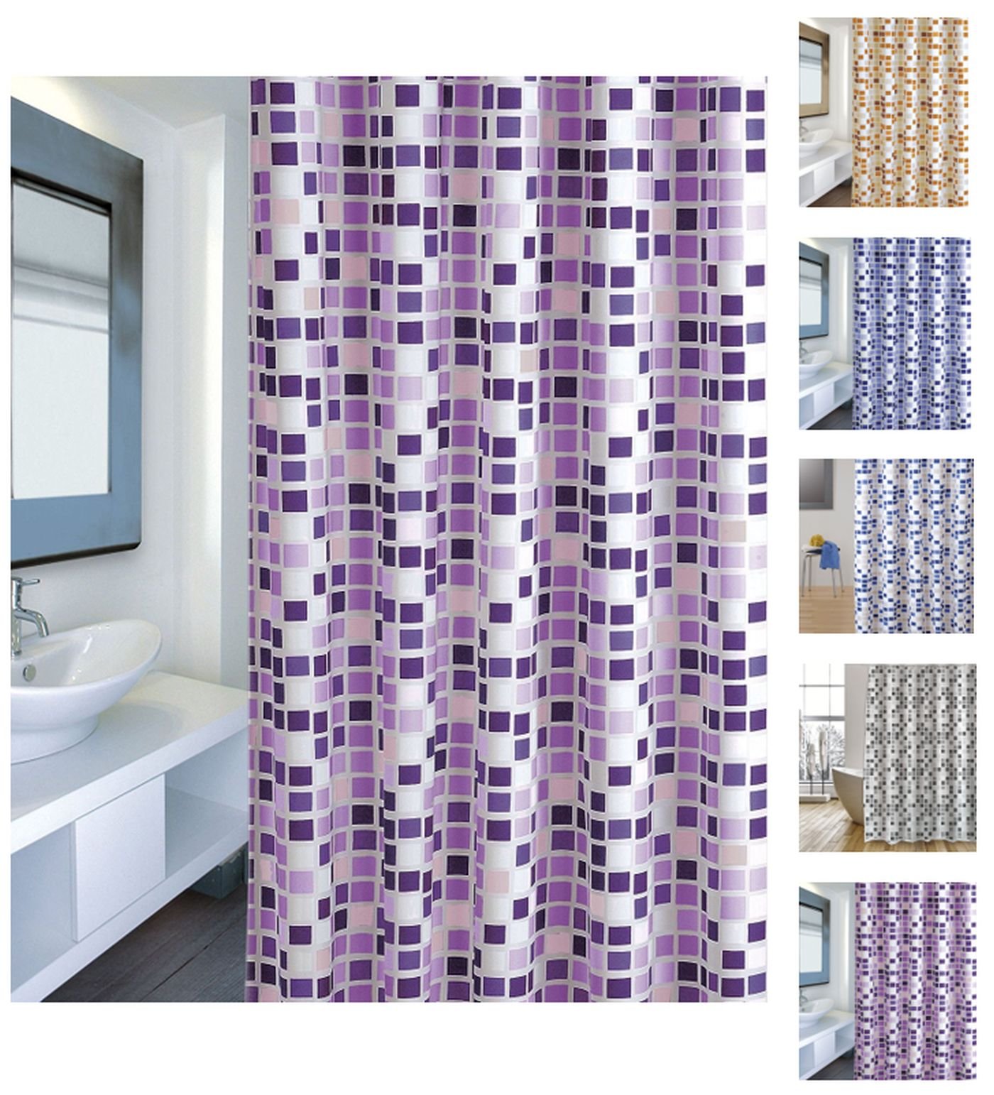 MSV "Mosaico Polyester Shower Curtain, Violet/Multi-Colour, 180 x 200 cm